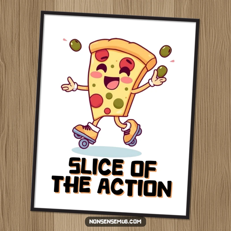 Funny poster art of a pizza slice in motion on roller skates, skillfully juggling olives, capturing a moment of energetic performance.
