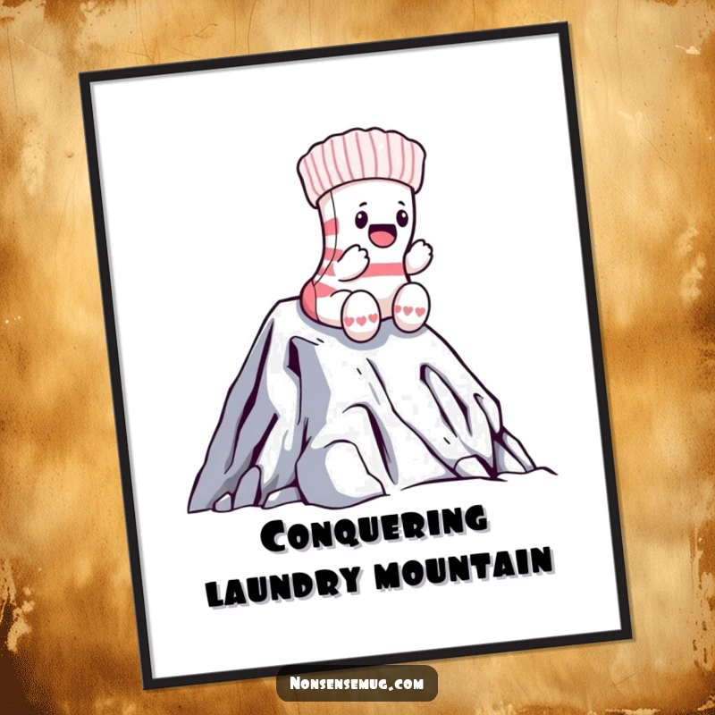 Funny sock poster depicting a brave sock heroically climbing a towering mountain of laundry, a humorous piece of wall art.
