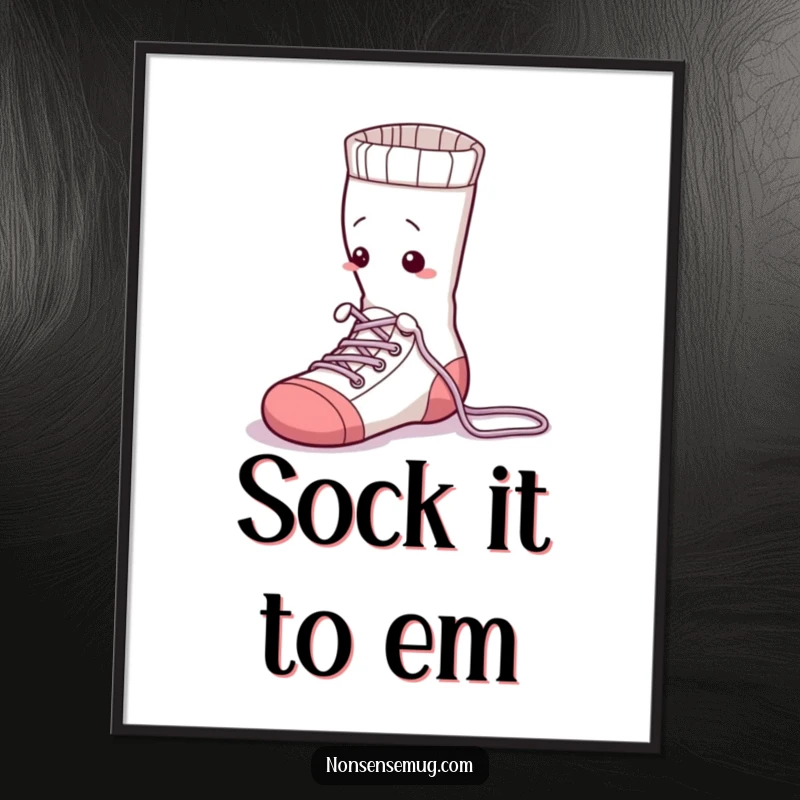 Funny sentient sock, tying its shoelaces, displayed as quirky wall art, bringing a humorous and artistic touch to any space.