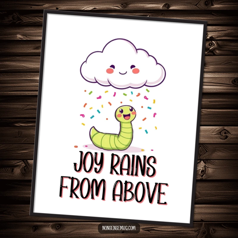 Funny happy cloud raining colorful confetti on a bewildered worm, depicted as a poster.