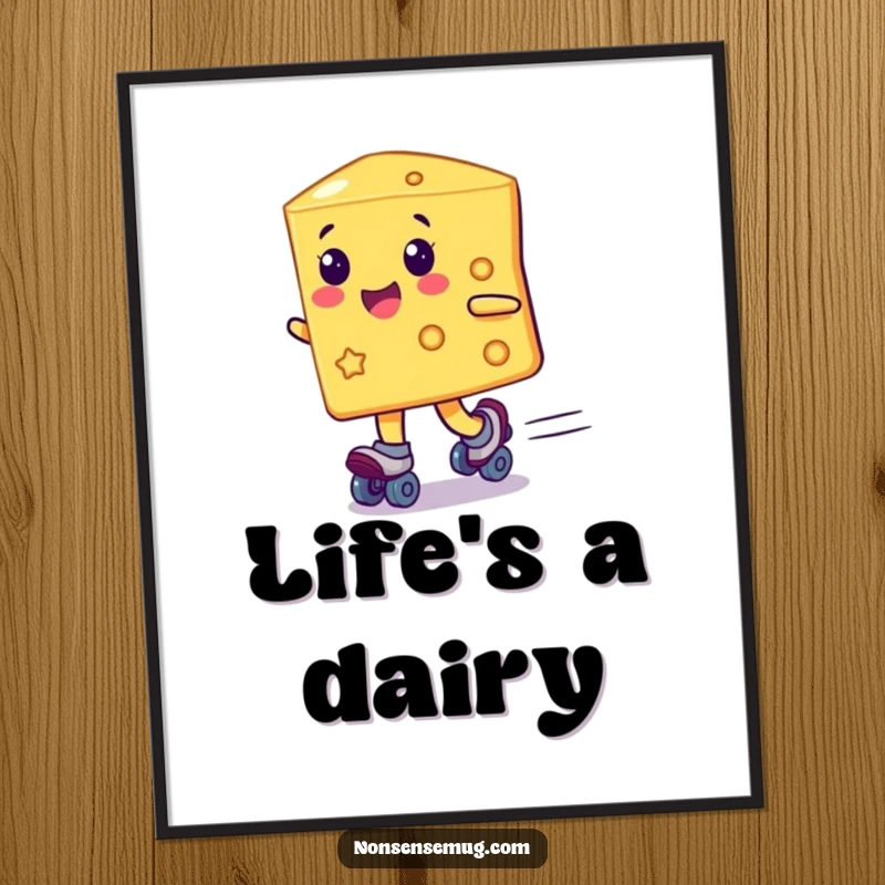 Funny cheese slice on roller skates, depicted speeding with a smile, adding humor to wall art, a great funny gift.