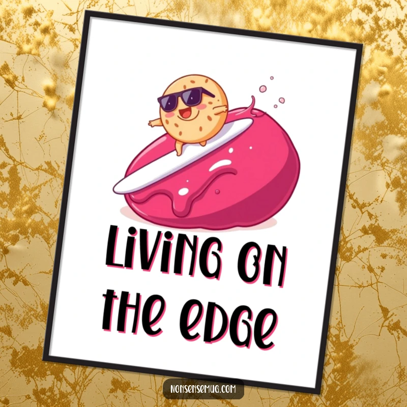Funny poster artwork of a cool bagel surfing a giant jam blob, perfect for kitchen or cafe wall decor.