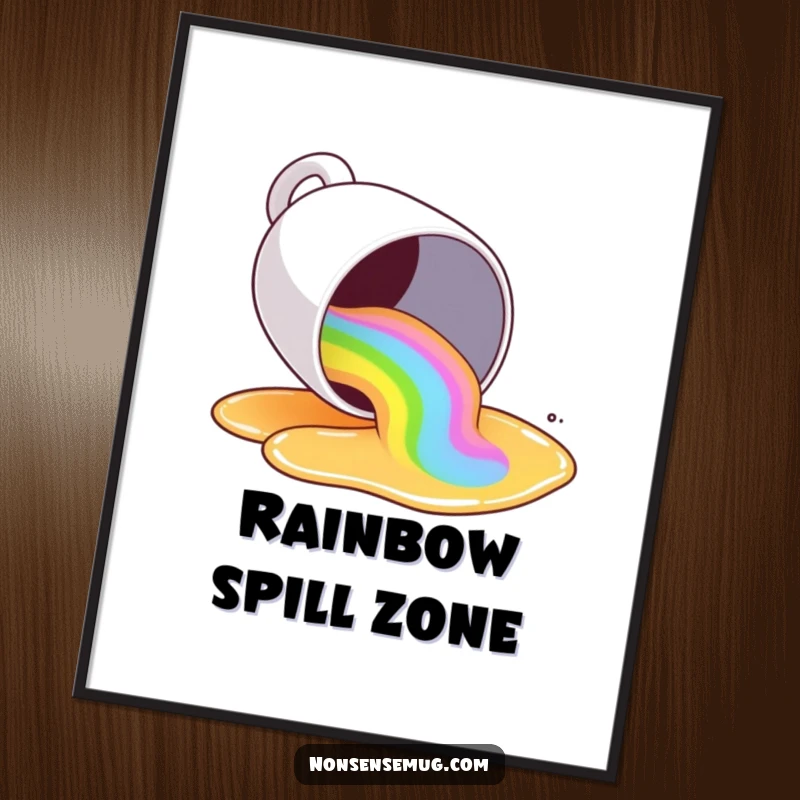 Funny coffee mug tipping over, spilling a rainbow of liquid, on a poster, vibrant and humorous wall art.