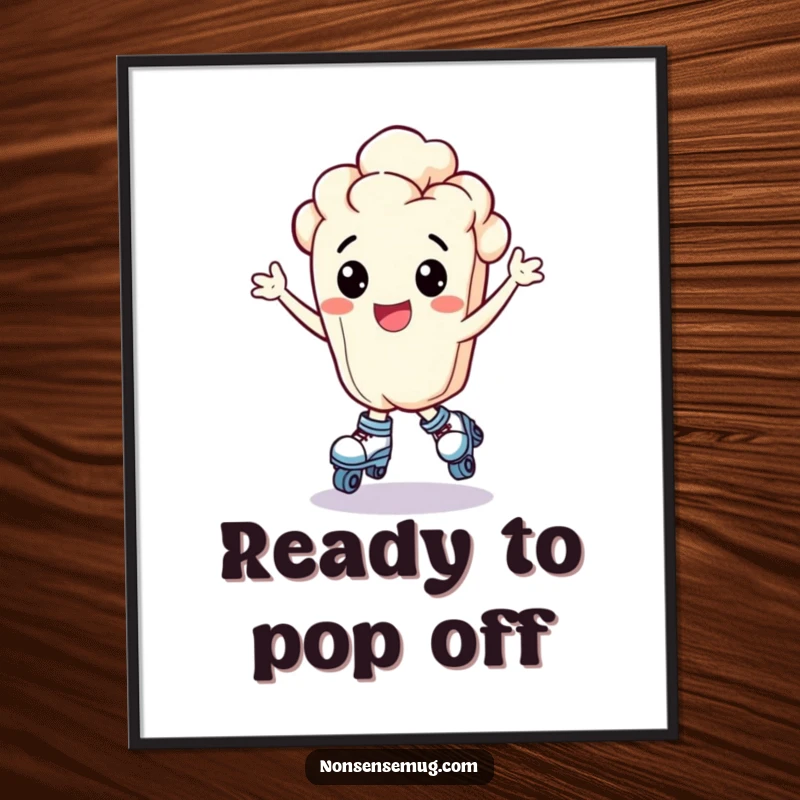 Funny bouncing popcorn kernel wearing tiny roller skates and looking exhilarated, as a wall poster, a dynamic funny gift.