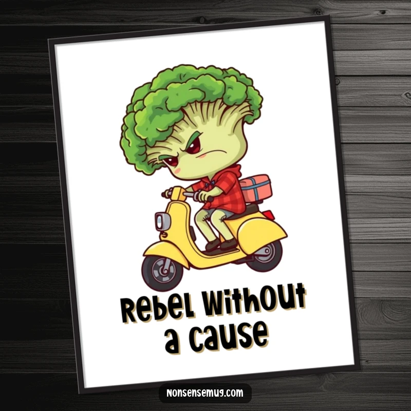 Funny grumpy broccoli character riding backwards on a tiny scooter, depicted as a poster.