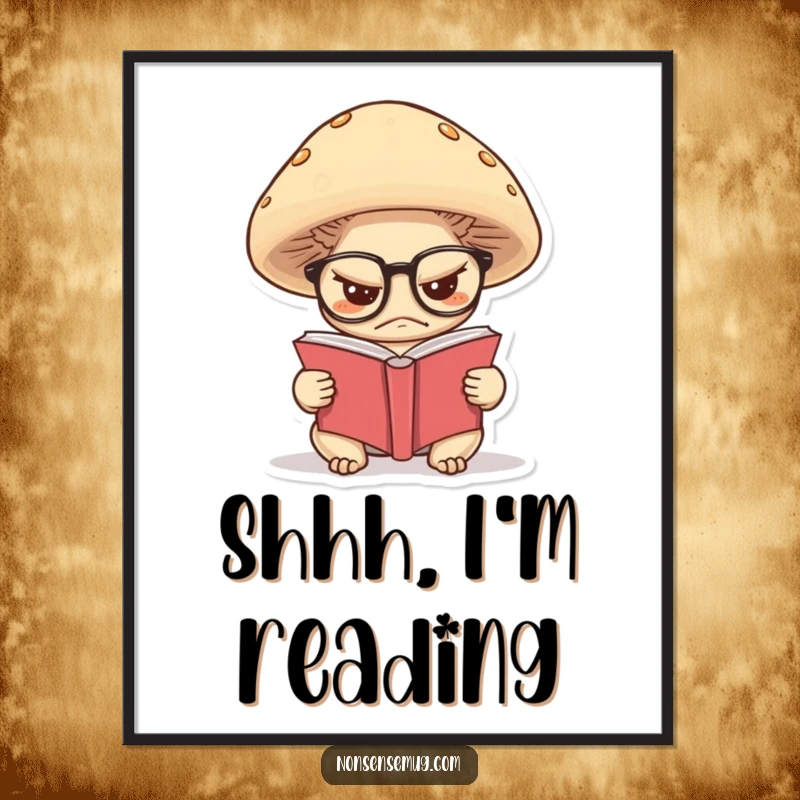 Funny poster art of a grumpy mushroom wearing glasses, engrossed in reading a miniature book, radiating quiet wisdom.