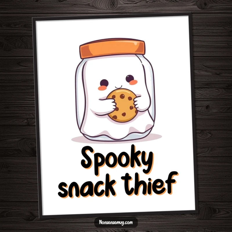 Funny playful ghost, reaching into a cookie jar, as quirky wall art, capturing a moment of spectral sweetness and mischief.