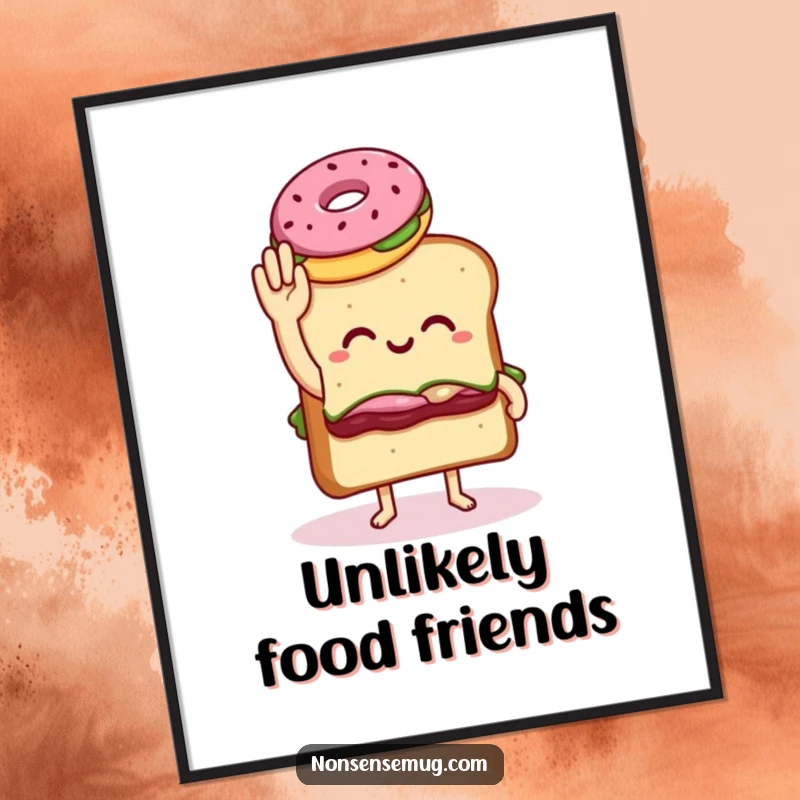 Funny poster art of a sandwich with legs awkwardly trying to high five a donut, celebrating quirky friendships with humor.