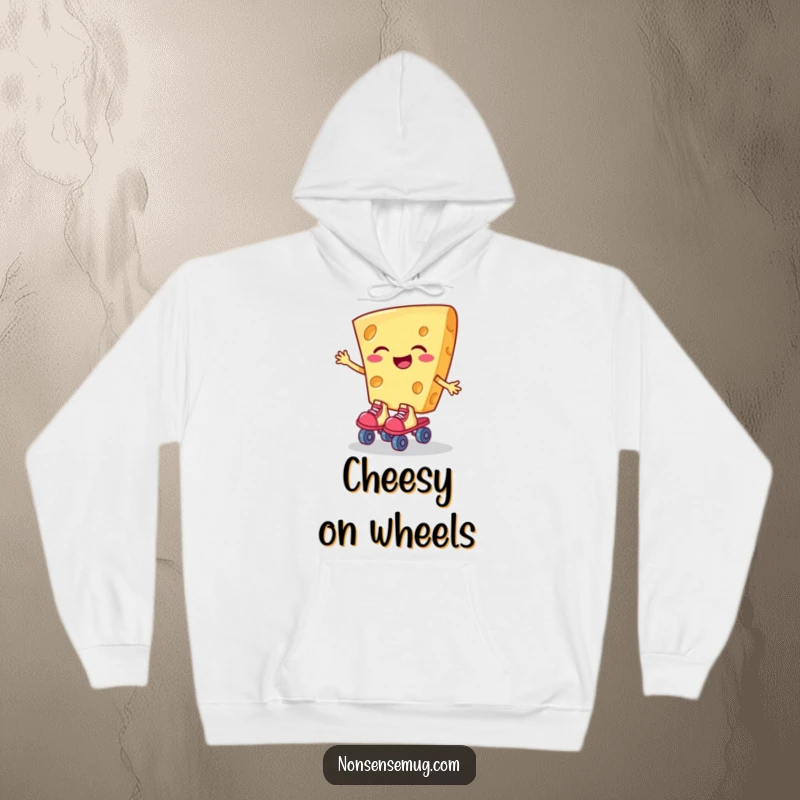 Funny hoodie featuring a giggling slice of cheese wearing roller skates, combining comfort with delicious humor.