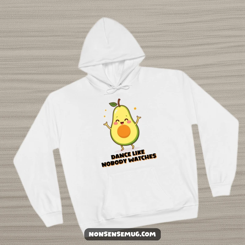 Funny Avocado Hoodie: A happy avocado character doing a funny, exaggerated dance, perfect for cozy, humorous wear.