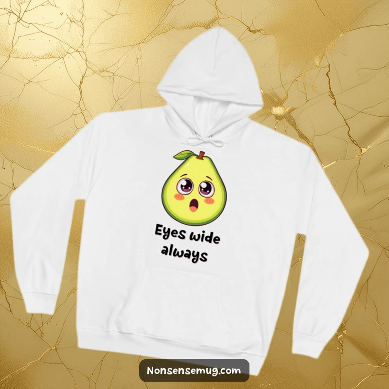 Funny avocado hoodie, a cozy sweatshirt with an avocado revealing surprise googly eyes, great for comfort.