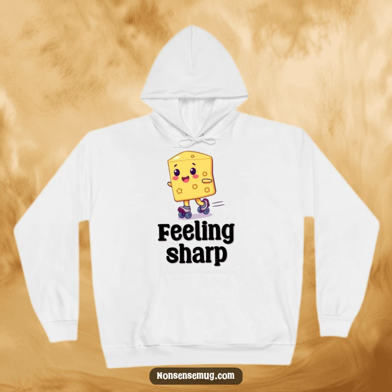 Funny cheesy character on roller skates, zipping along with glee, printed on a cozy hoodie, perfect funny gift.
