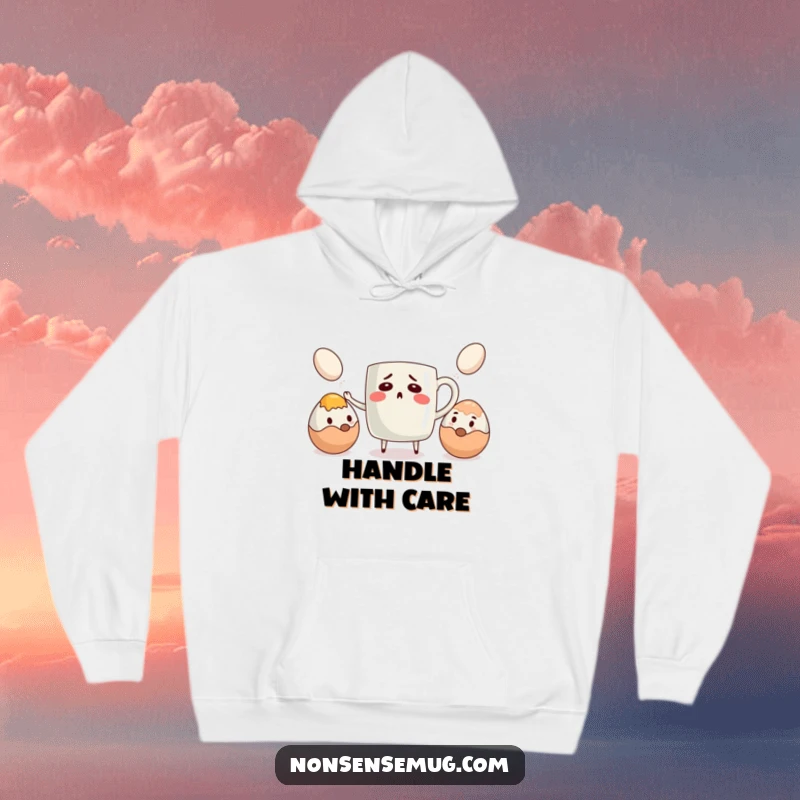 Funny hoodie with a bewildered coffee mug trying to juggle eggs, combining warmth with humorous morning chaos.