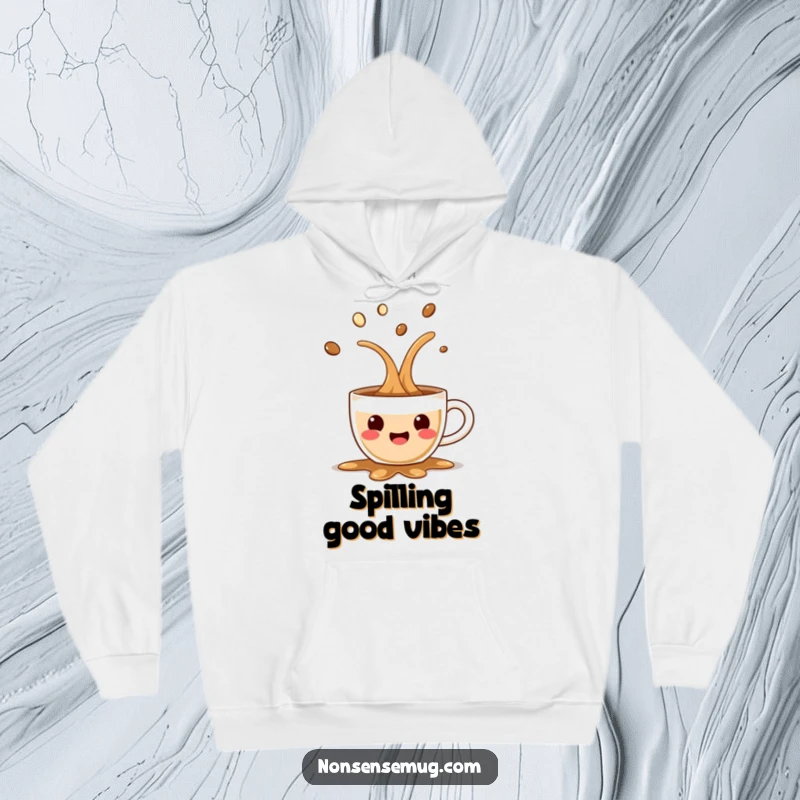 Funny hoodie with a surprised coffee cup spilling happily, providing warmth and a humorous take on a morning caffeine ritual.