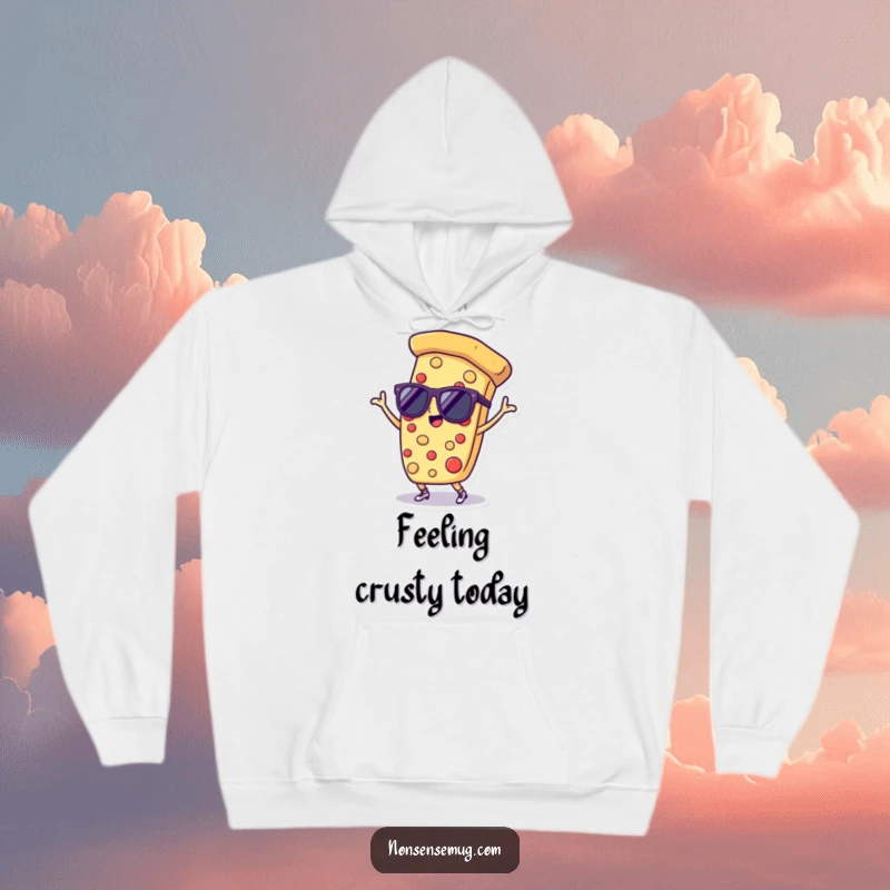 Funny hoodie showcasing a slice of pizza wearing cool sunglasses and dancing, perfect for cozying up with a fun attitude.
