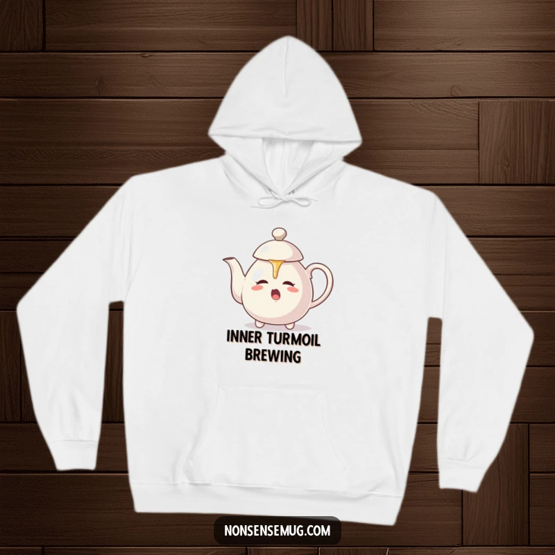 Funny hoodie: A teapot aggressively pours hot tea onto its own lid, creating a comical loop of self-drenching.