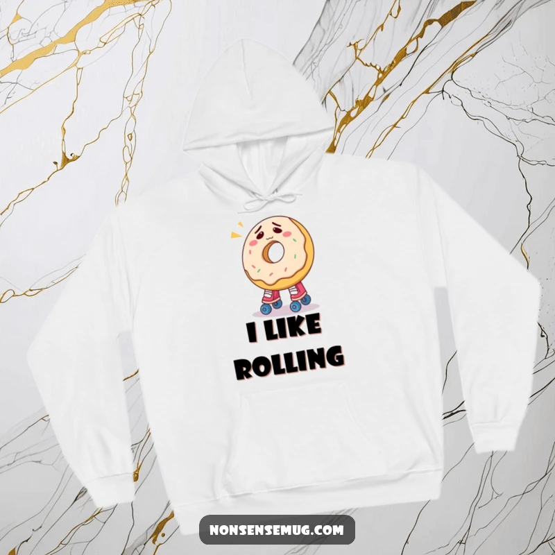 Funny donut hoodie featuring a bewildered donut comically trying to put on roller skates, perfect for cozy, humorous wear.