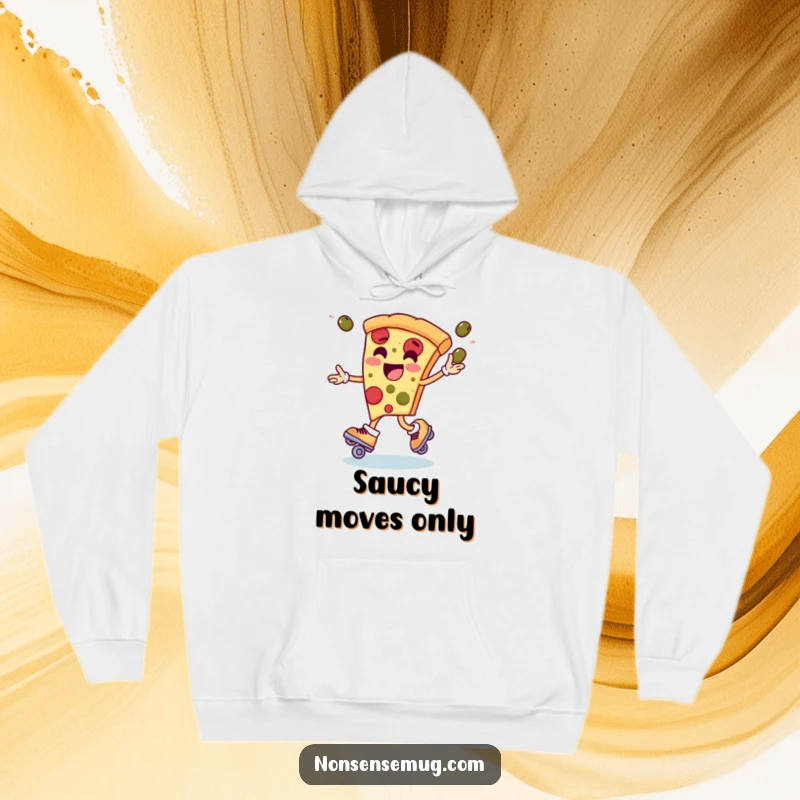 Funny hoodie showing a dynamic pizza slice character wearing roller skates and expertly juggling black olives, looking quite skilled.