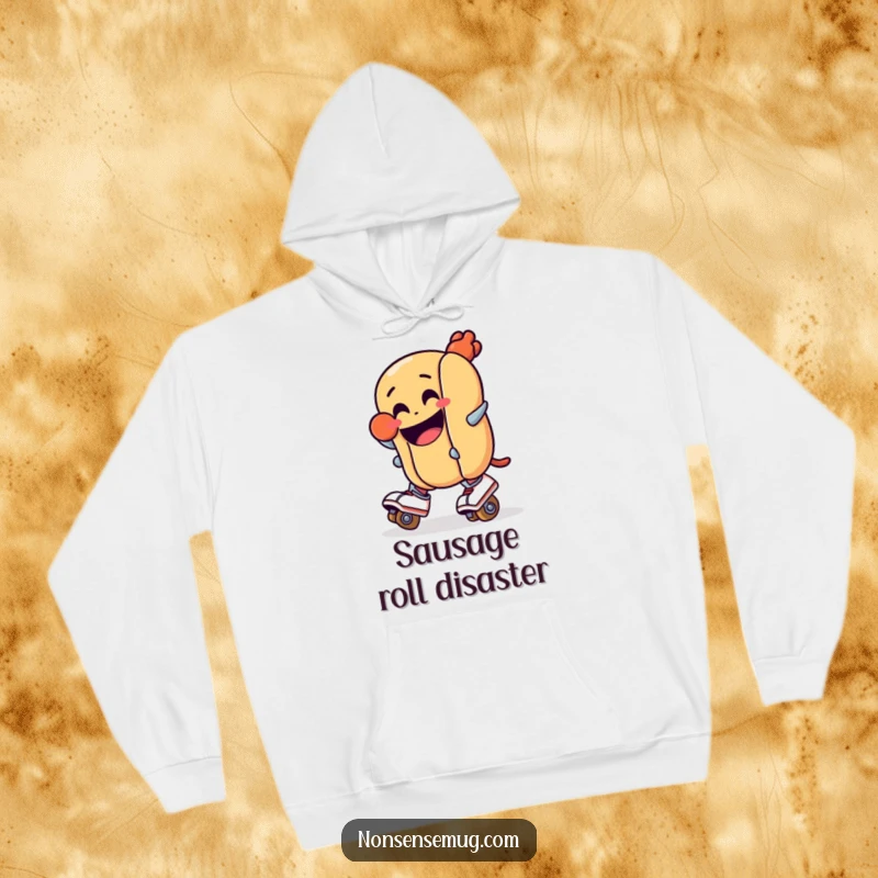 Funny hoodie: A grinning hot dog attempting roller skating, comically on the verge of a spectacular fall. Embodies playful clumsiness.