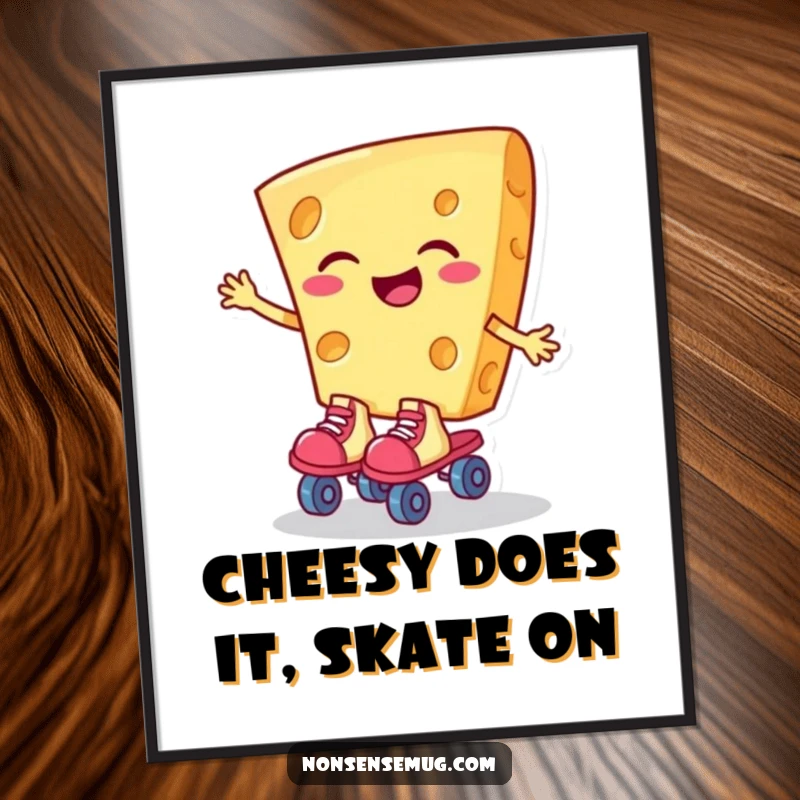 Funny Free Printable Wall Art: A giggling slice of cheese wearing roller skates, capturing pure joy and cheesy fun on your wall.