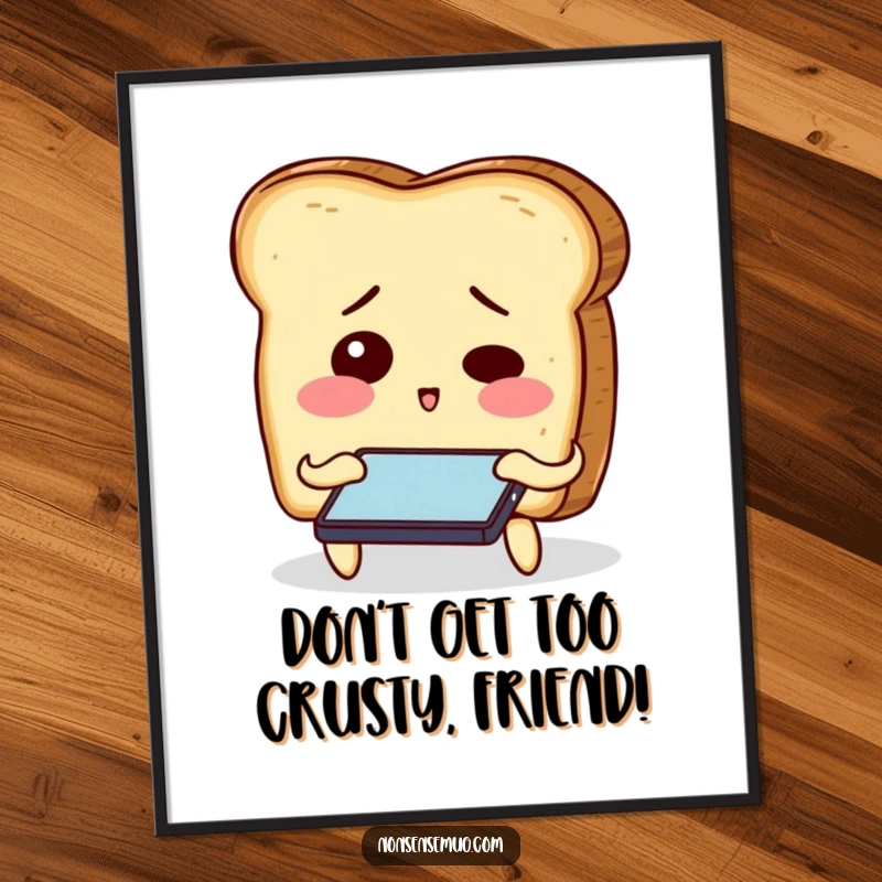 Funny Free Printable Wall Art: Bewildered slices of toast attempt to navigate a smartphone, creating a humorous and quirky kitchen scene.