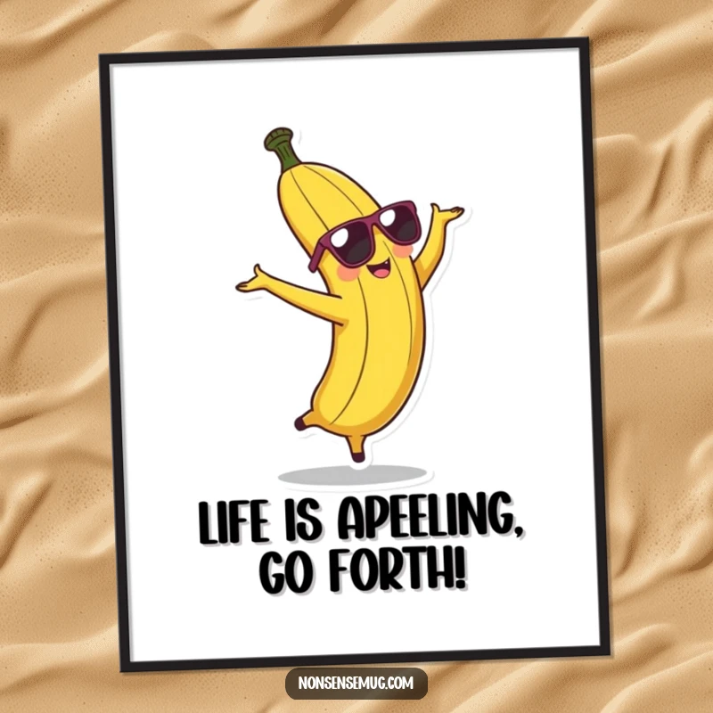 Funny Free Printable Wall Art: A cool banana wearing sunglasses performs a dynamic cartwheel, bringing energetic and humorous vibes.