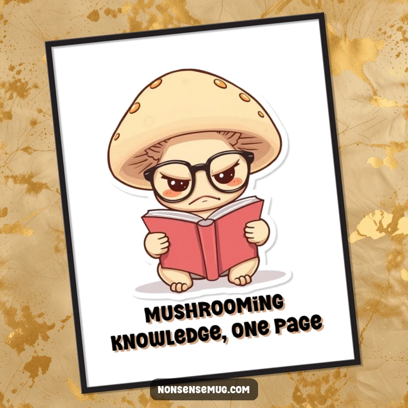 Funny Free Printable Wall Art: A grumpy mushroom wearing spectacles sits and reads a small book with a stern expression.