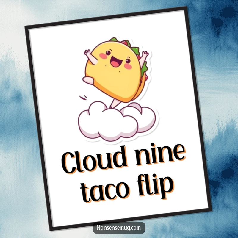 Funny Free Printable Wall Art: A dynamic taco performs an aerial backflip off a fluffy cloud, adding fun and flavor to your decor.