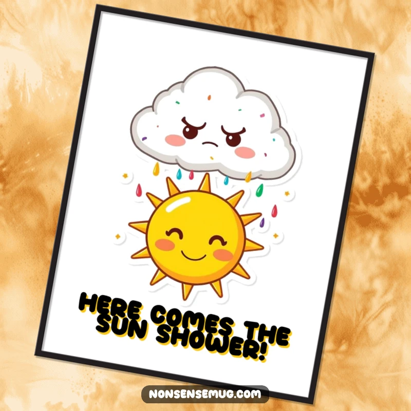 Funny Free Printable Wall Art: A grumpy cloud actively rains colorful sprinkles down onto a very happy, smiling sun.