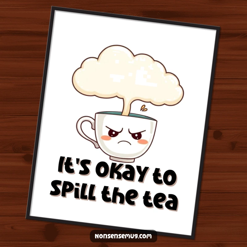 Funny Free Printable Wall Art: A disgruntled teacup being poured on by a cloud, exuding relatable melancholy.