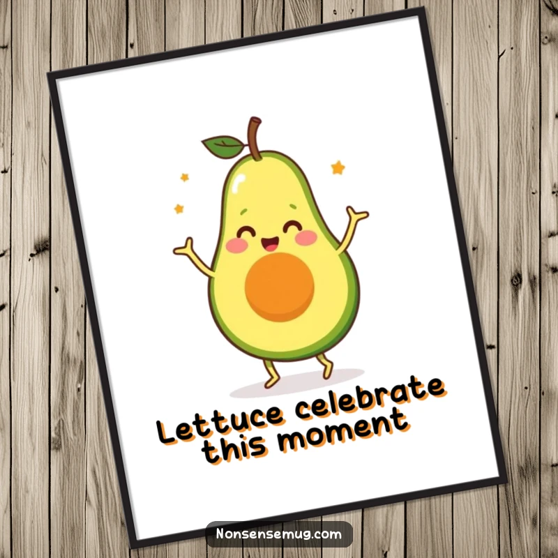 Funny Free Printable Wall Art: A vibrant illustration of a happy avocado performing an energetic and silly dance.