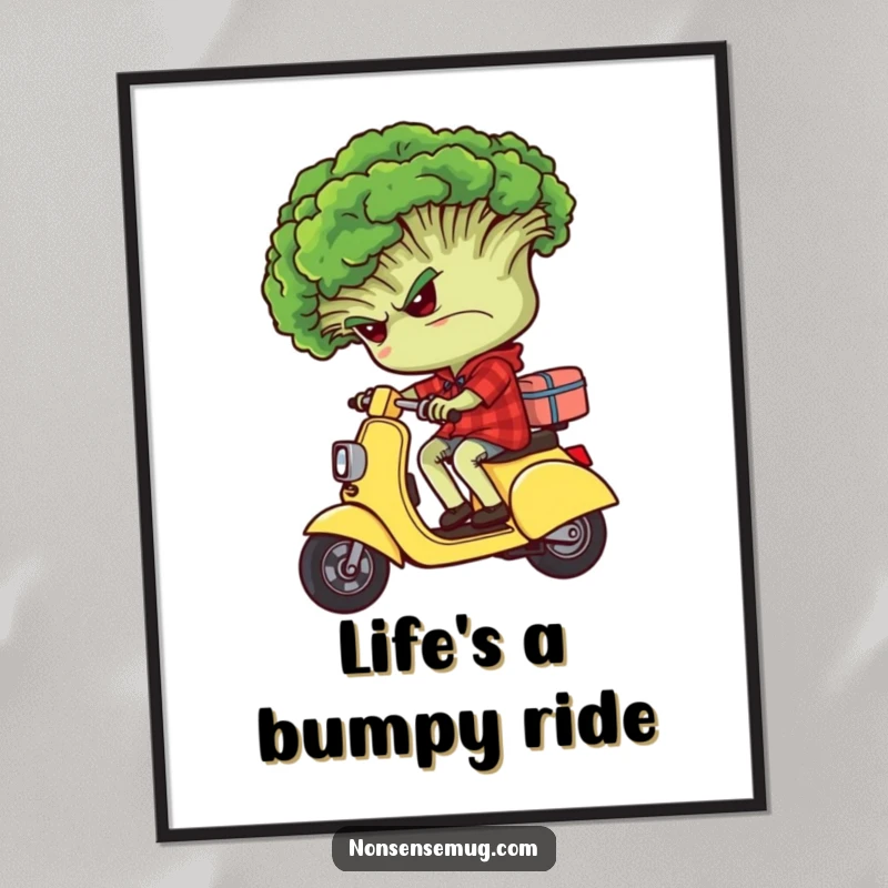 Funny Free Printable Wall Art: A grumpy broccoli head rides backwards on a tiny scooter, offering a humorous and unexpected scene.