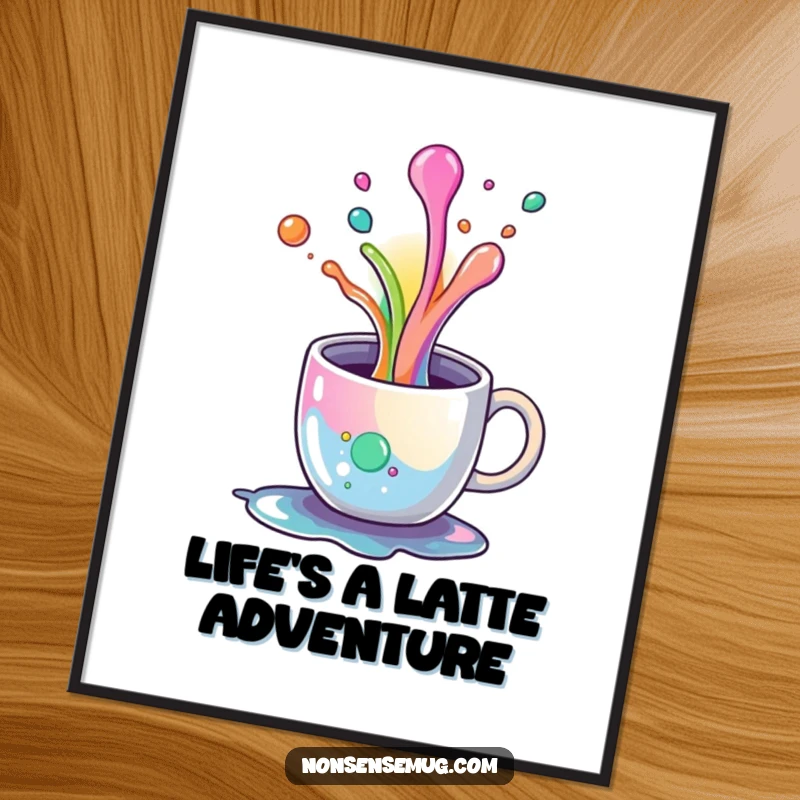 Funny Free Printable Wall Art: A coffee mug spilling a vibrant rainbow, humorous downloadable decor.