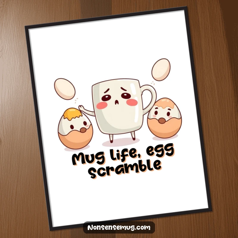 Funny Free Printable Wall Art: A bewildered coffee mug comically juggles raw eggs, creating a humorous and eye-catching piece for your wall.
