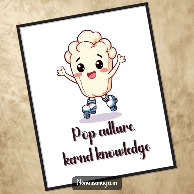 Funny Free Printable Wall Art: A popcorn kernel wearing tiny roller skates, bouncing with exhilaration, looking super excited.