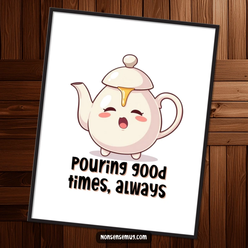 Funny Free Printable Wall Art: A teapot aggressively pours a stream of tea onto its own lid, creating a comical mess.