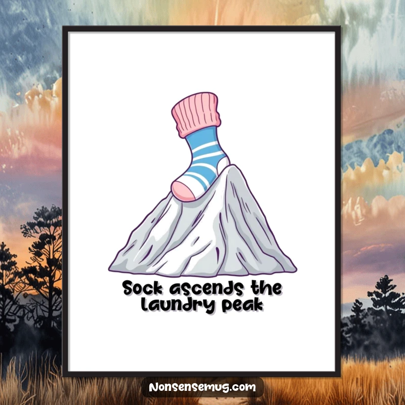 Funny Free Printable Wall Art: A brave sock bravely climbs Mount Laundry, depicting struggle and triumph.