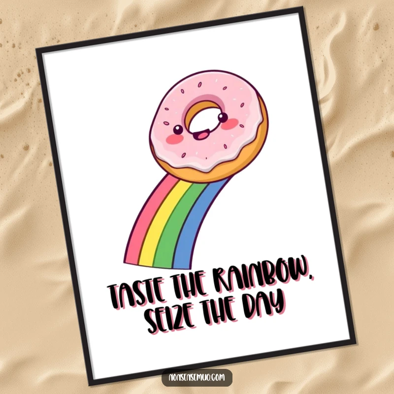 Funny Free Printable Wall Art: An ecstatic donut on a rainbow slide, bringing a vibrant and playful element to any room.