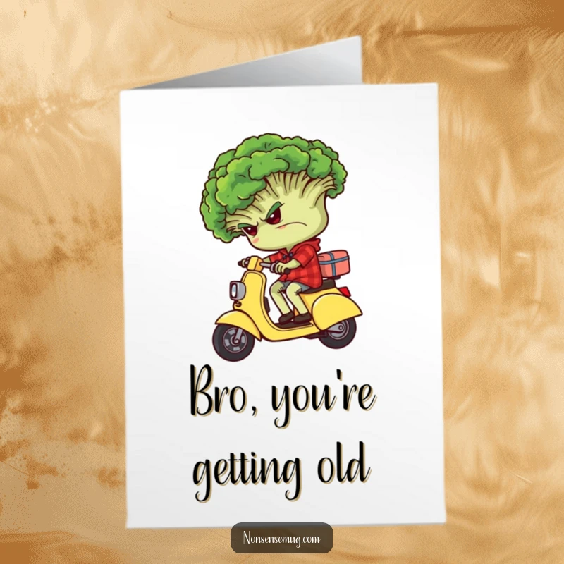 Funny Free Printable Birthday Card: A grumpy broccoli head rides backwards on a tiny scooter, looking utterly unimpressed.