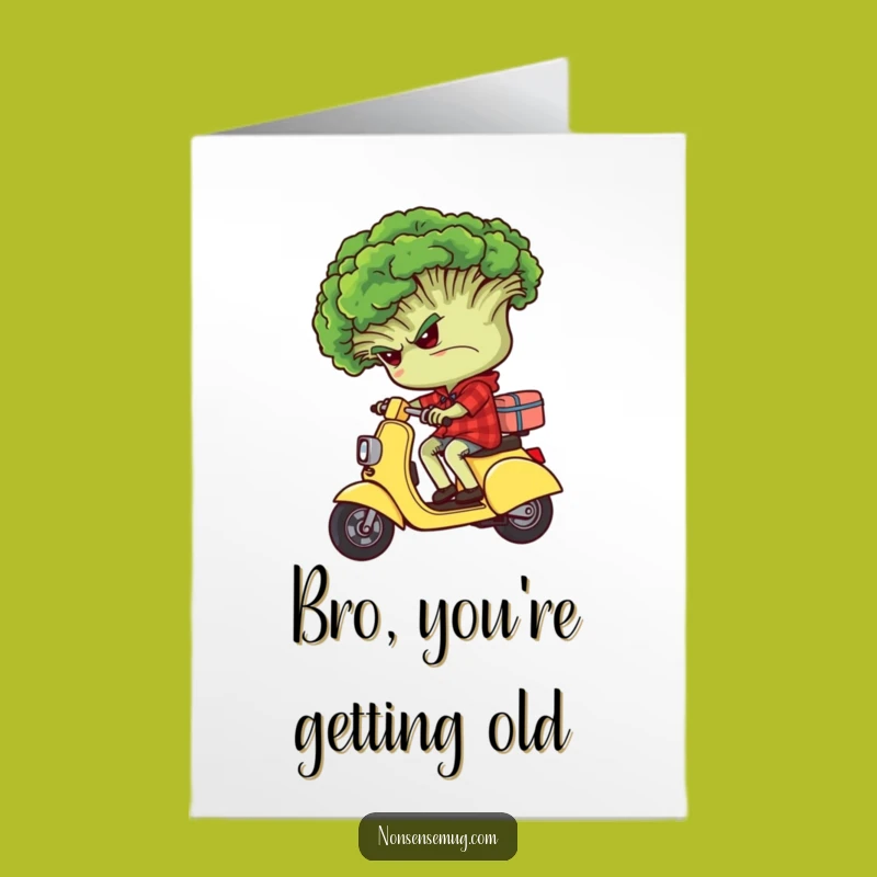 Free Printable Funny Birthday Card: Grumpy Broccoli Scooter Fail, Downloadable Gift for Veggie Lovers