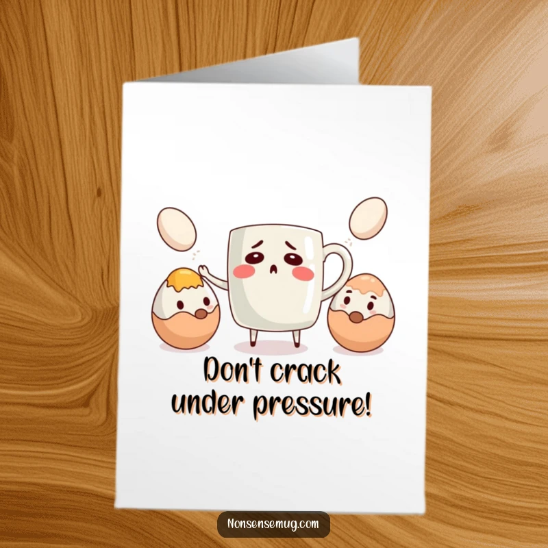 Funny Free Printable Birthday Card: A bewildered coffee mug comically struggles to juggle three raw eggs, a breakfast-themed birthday surprise.