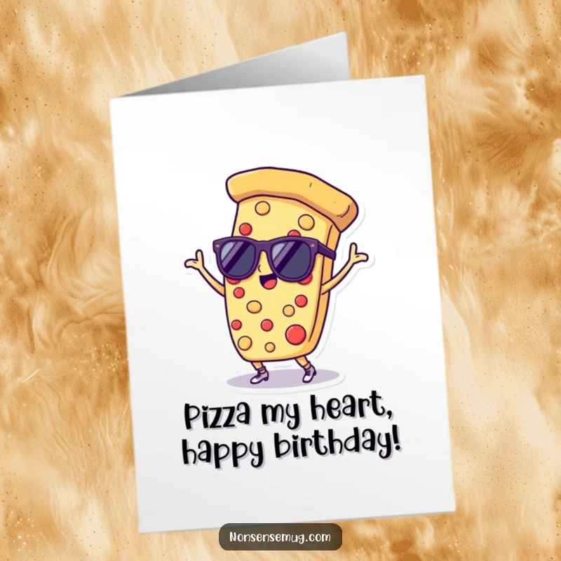 Funny Free Printable Birthday Card: A cool pizza slice wearing sunglasses and dancing, ready to party.