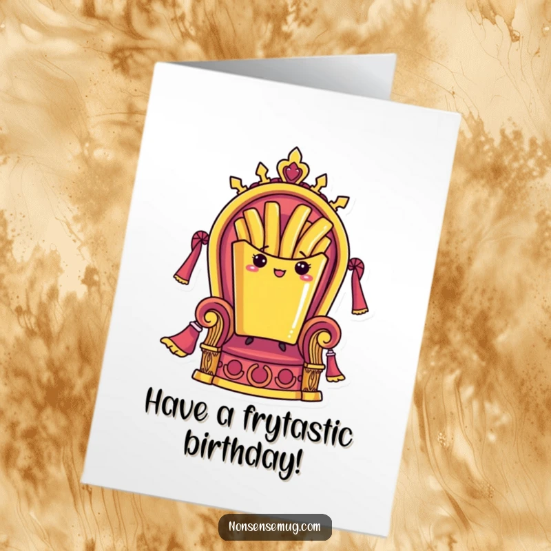 Funny Free Printable Birthday Card: A single french fry proudly sitting on a throne, looking like royalty.