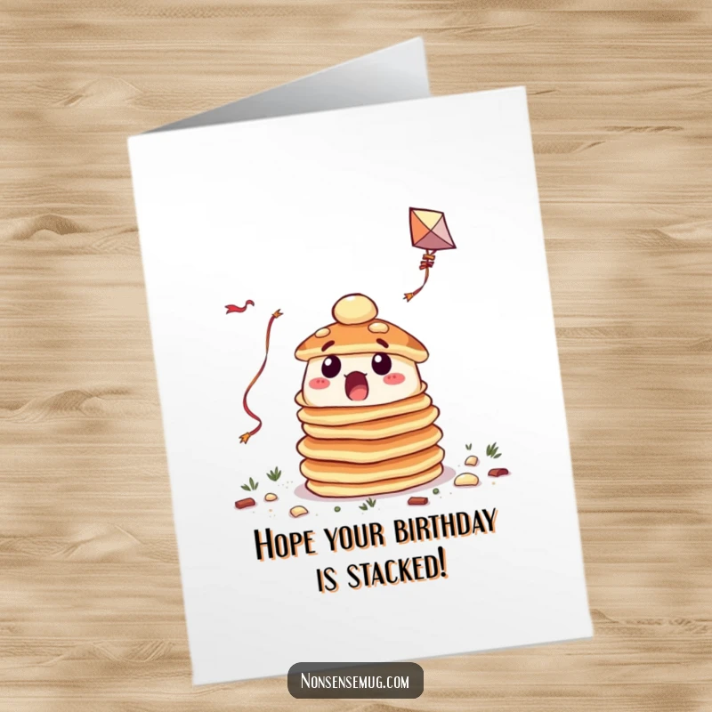 Funny Free Printable Birthday Card: A stack of surprised pancakes hilariously tangled while trying to fly a kite, bringing birthday cheer.