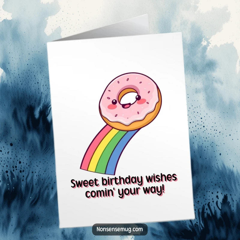 Funny Free Printable Birthday Card: A cheerful donut joyfully sliding down a vibrant rainbow, celebrating a happy occasion.
