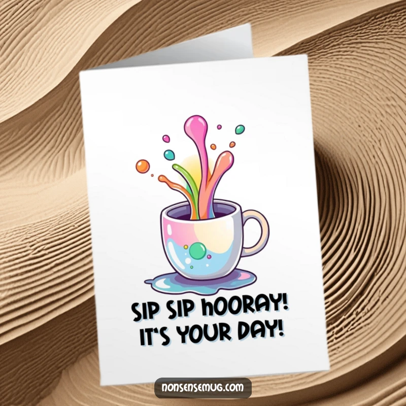 Funny Free Printable Birthday Card: Coffee mug spills a vibrant rainbow of liquid, a colorful downloadable gift.