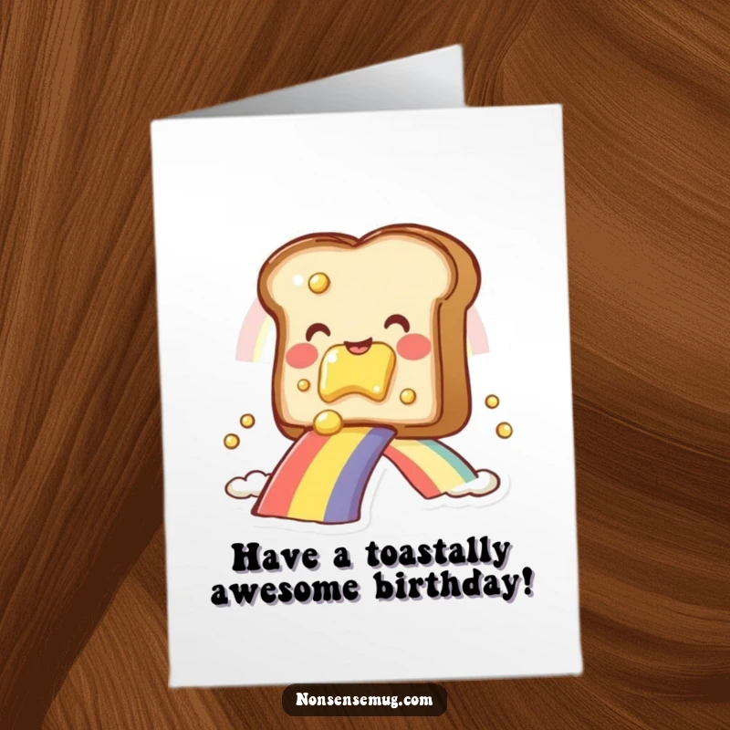Funny Free Printable Birthday Card: A smiling piece of toast with butter sliding down a rainbow, conveying birthday joy. Downloadable.