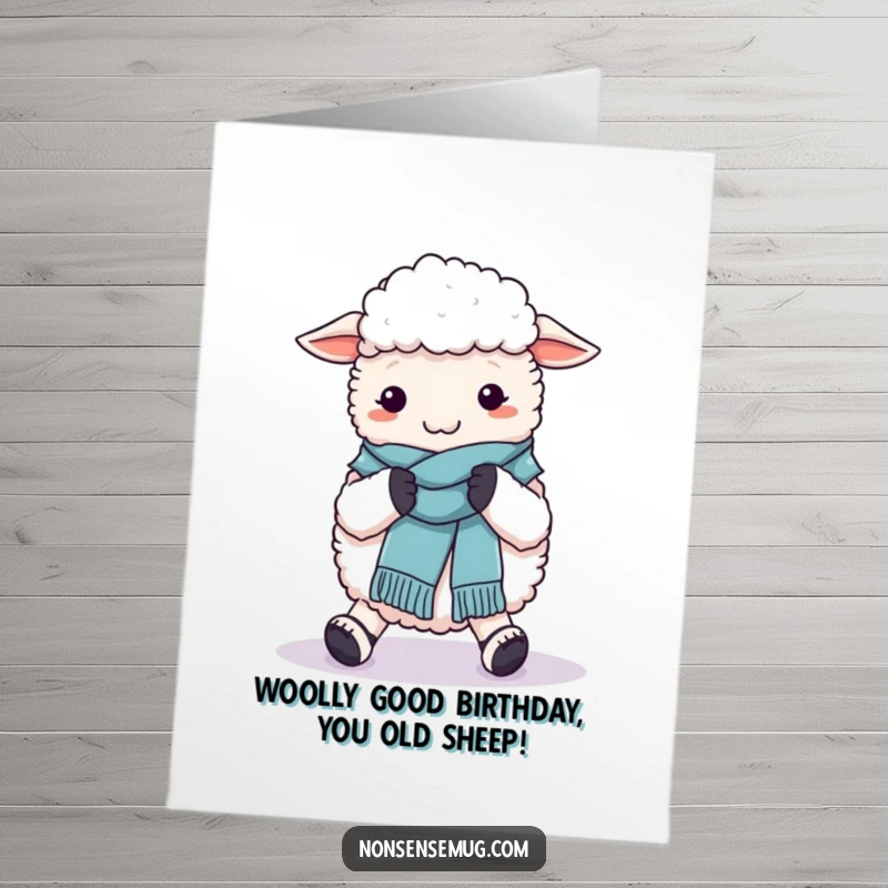 Funny Free Printable Birthday Card: A fluffy sheep hilariously struggles to knit a scarf on its own clumsy feet.