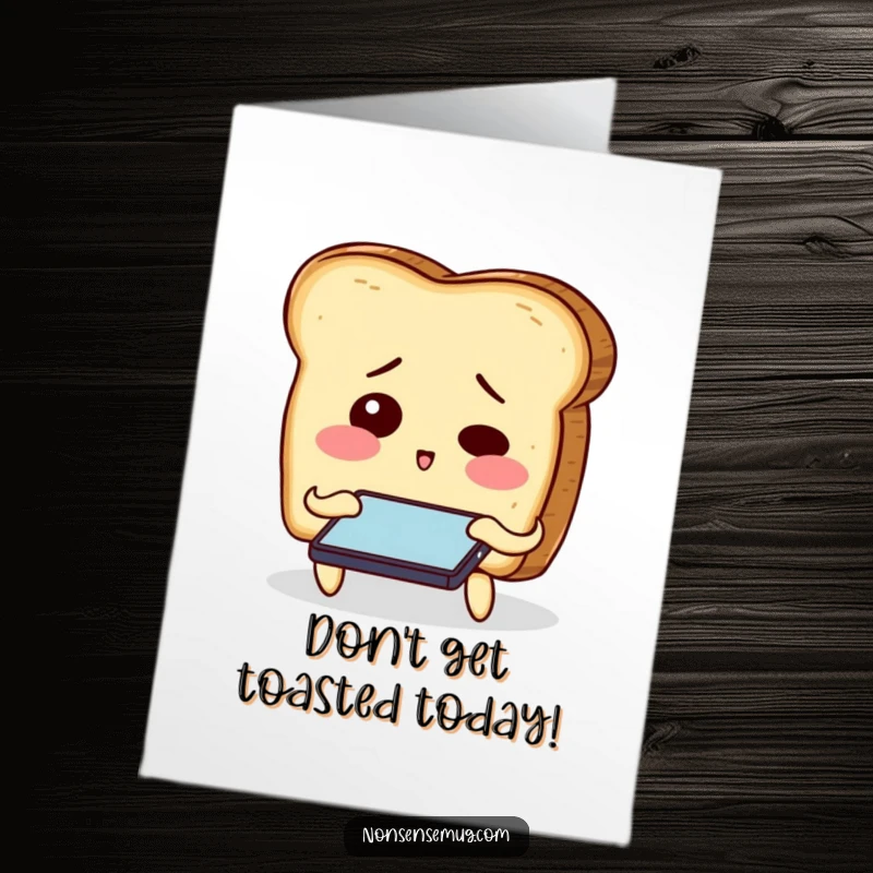 Funny Free Printable Birthday Card: Two bewildered toast slices struggle to use a smartphone, creating a hilariously relatable birthday wish.