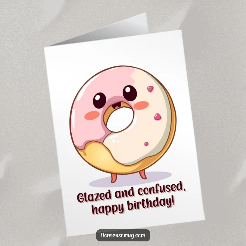 Funny Free Printable Donut Birthday Card: Playful donut attempting to eat itself, a hilarious and unique downloadable greeting.